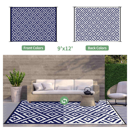 DEORAB Outdoor Rugs Waterproof Plastic Straw Mat 9'x12' Reversible for RV Patio Deck Beach Navyblue & White