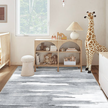 DEORAB Outdoor Rug 8'x10' Chenille 3-Layers Material Machine Washable Imitation Silicone Non Slip Patio Porch Garden Carpet, Grey & White