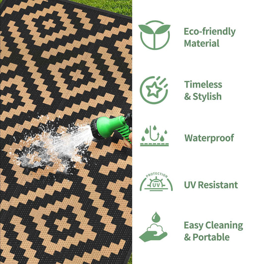 DEORAB Outdoor Rugs Waterproof Plastic Straw Mat 10'x14' Reversible for RV Patio Deck Beach Black & Brown