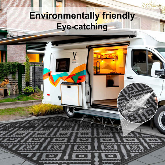 DEORAB Outdoor Rugs Waterproof Plastic Straw Mat 5'x8' Reversible for RV Patio Deck Beach Black & Gray