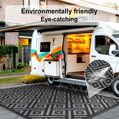 DEORAB Outdoor Rugs Waterproof Plastic Straw Mat 8'x10' Reversible for RV Patio Deck Beach Black & Gray