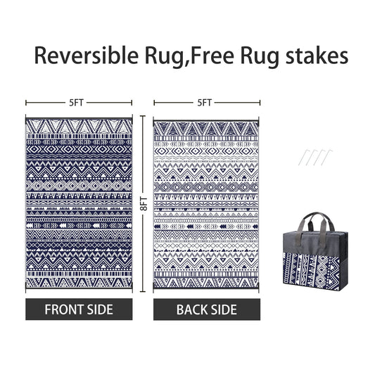 DEORAB Outdoor Rugs Waterproof Plastic Straw Mat 5'x8' Reversible for RV Patio Deck Beach Blue & White