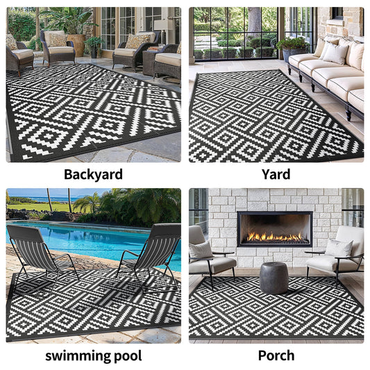 DEORAB Outdoor Rugs Waterproof Plastic Straw Mat 8'x10' Reversible for RV Patio Deck Beach Black & White