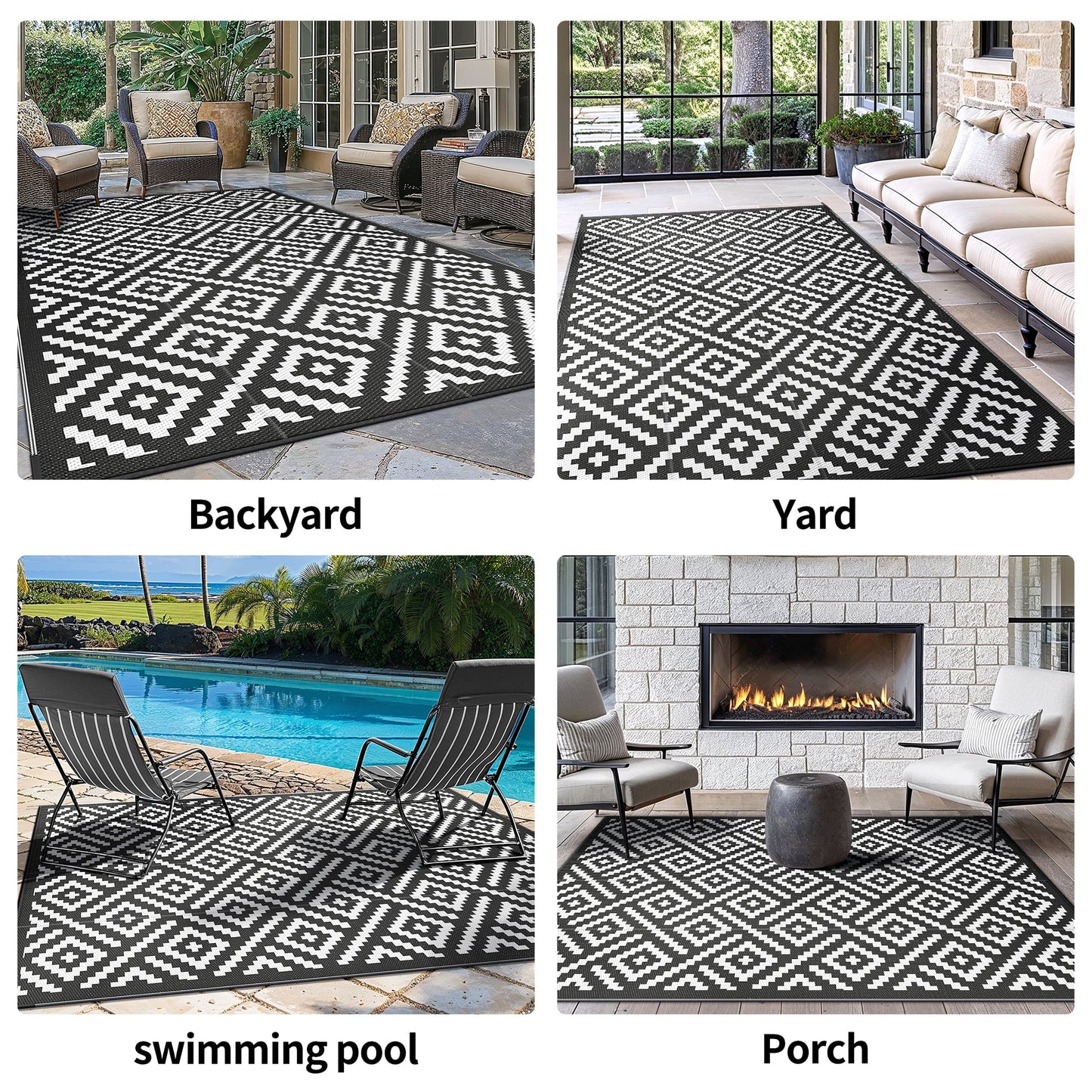 deorab outdoor rugs waterproof plastic straw mat 6'x9' reversible for rv patio deck beach black & white