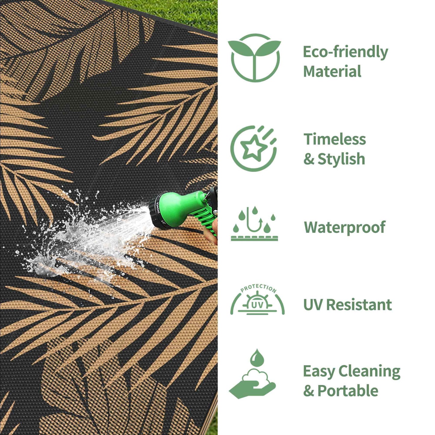 deorab 5'x8' outdoor rugs patio waterproof outside mat reversible plastic camping carpet,black & brown