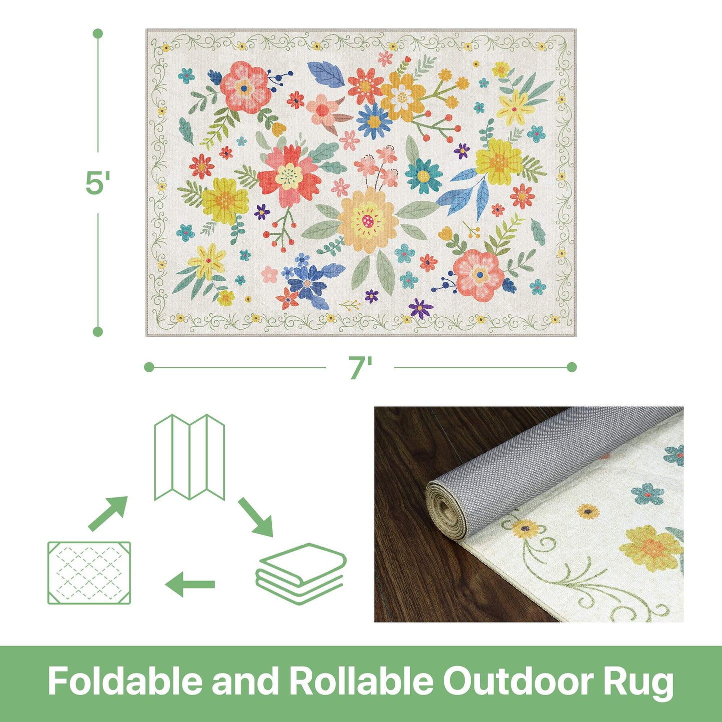 deorab 5'x 7' outdoor rug chenille 3-layers patio washable mat imitation silicone material camping porch deck carpet,softwhite