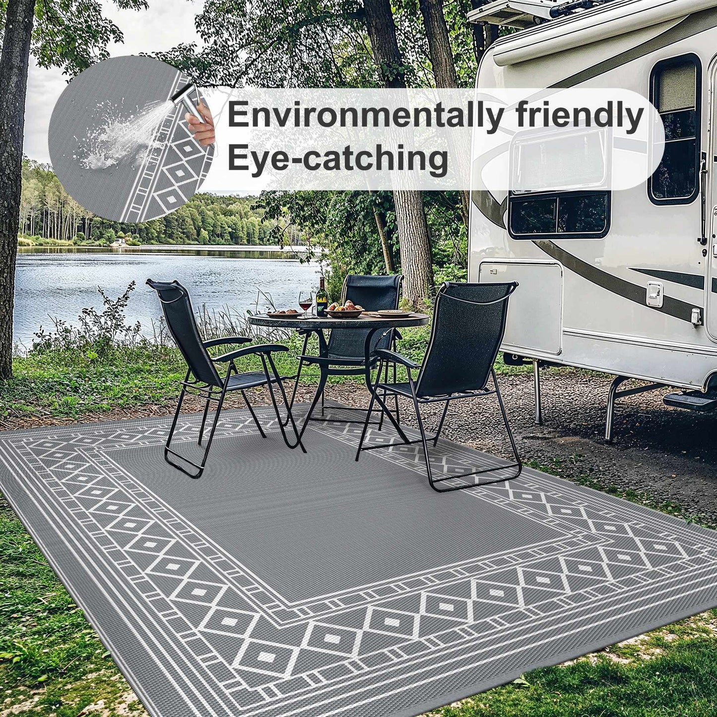deorab 10'x14' outdoor rugs patio waterproof outside mat reversible plastic camping carpet,grey & white