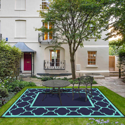 DEORAB Outdoor Rugs Waterproof Plastic Straw Mat 6'x9' Reversible for RV Patio Deck Beach Navy Blue & Jade Green