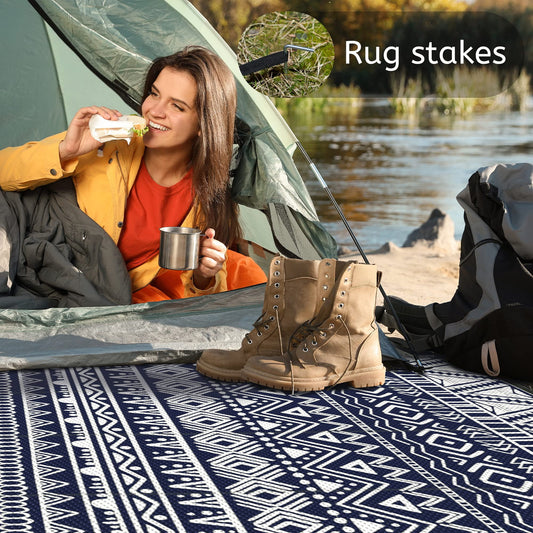 DEORAB Outdoor Rugs Waterproof Plastic Straw Mat 9'x12' Reversible for RV Patio Deck Beach Blue & White