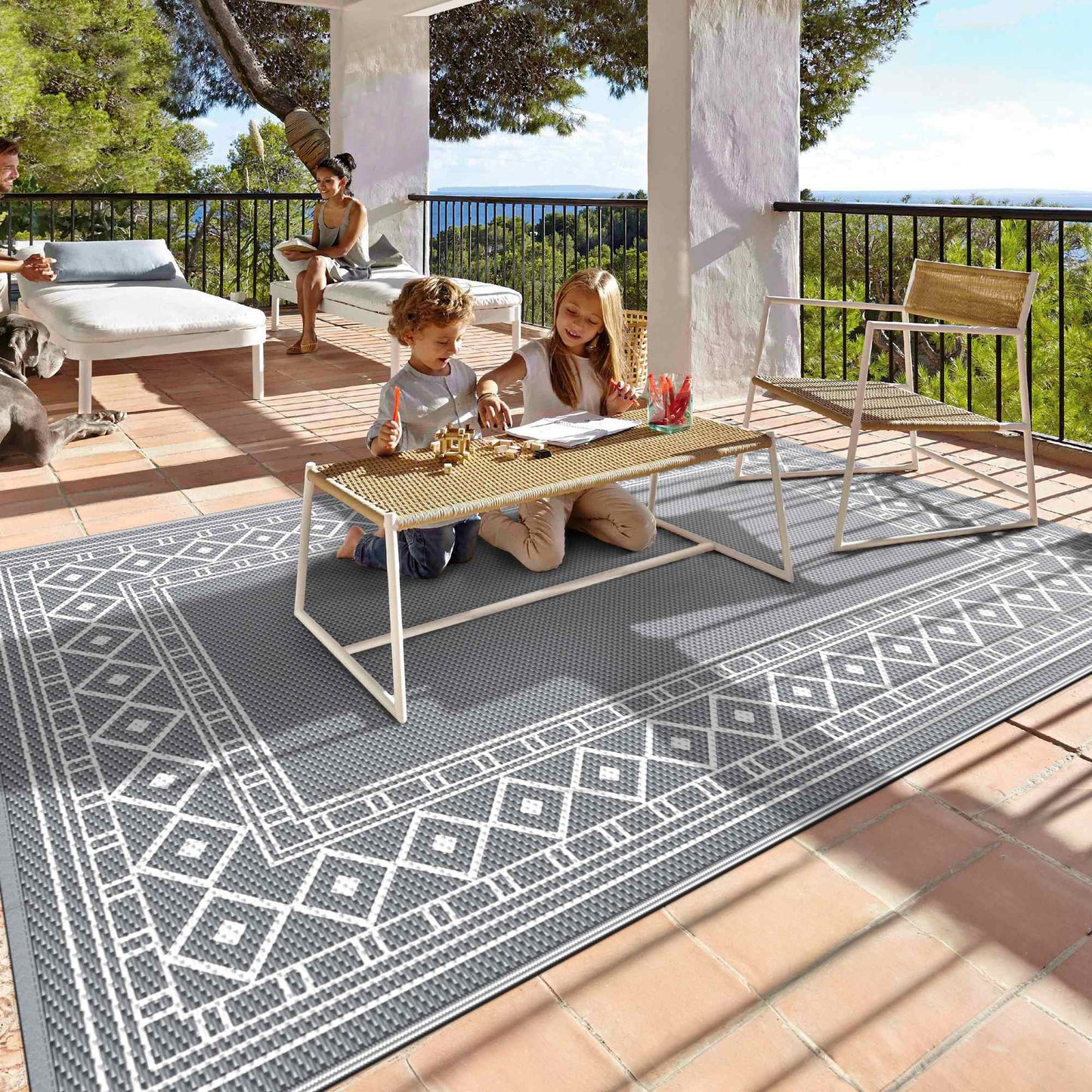 deorab outdoor rugs waterproof plastic straw camping carpet reversible patio outside mat 9'x12',grey & white
