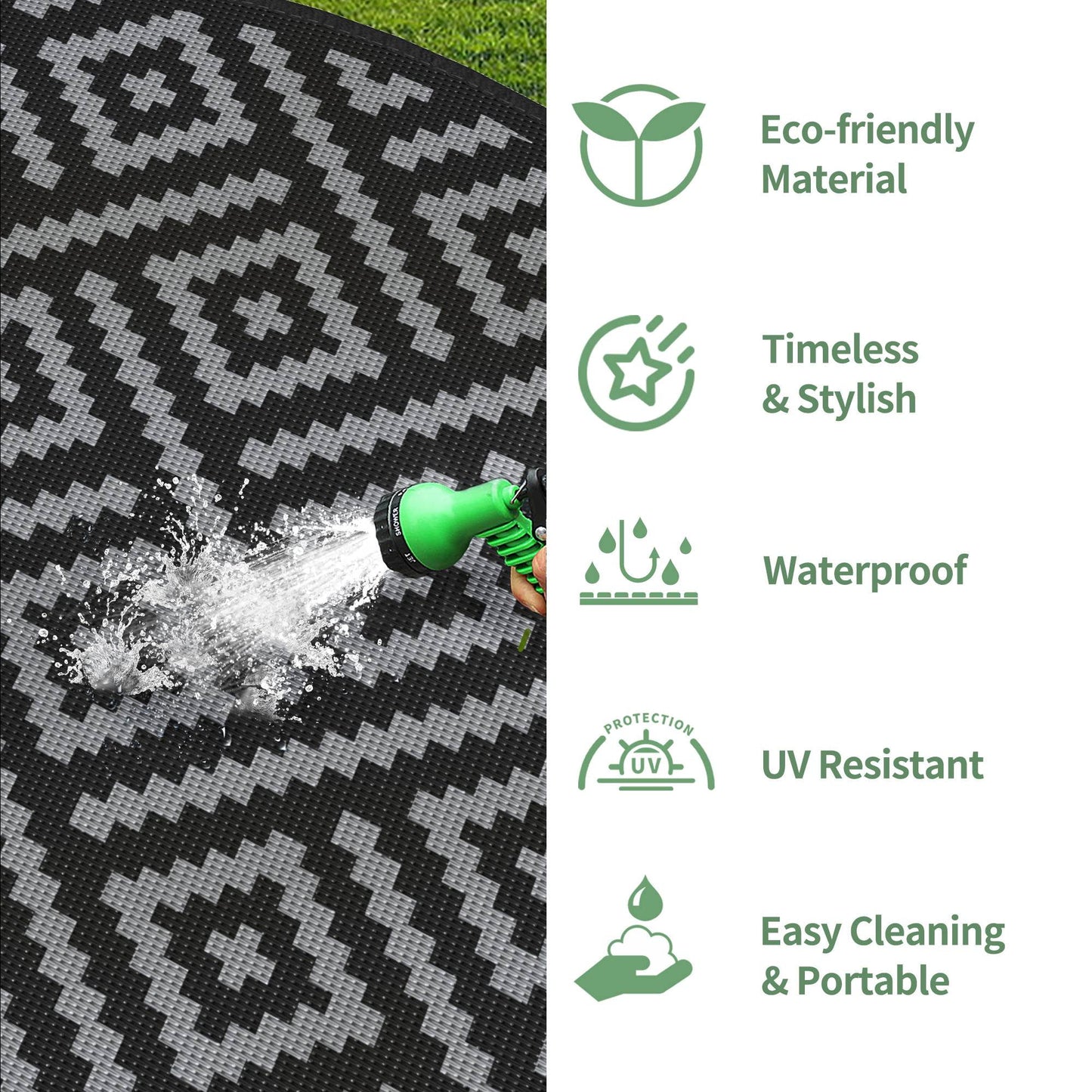 deorab outdoor rugs waterproof plastic straw mat 6'x6' reversible for rv patio deck beach black & gray