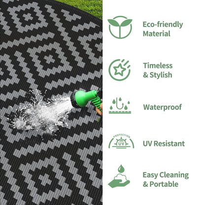 DEORAB Outdoor Rugs Waterproof Plastic Straw Mat 6'x6' Reversible for RV Patio Deck Beach Black & Gray