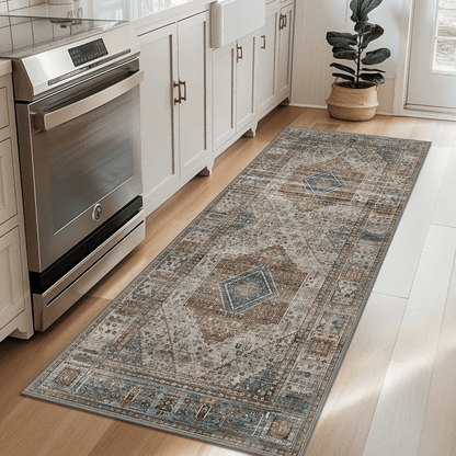 DEORAB Runner Rug 2X10 Non Slip Hallway Vintage Rugs, Machine Washable Lightweight Mat for Living Room, Entryway, Bedroom, Kitchen and Passage, Ultra-Thin, Blue Gray