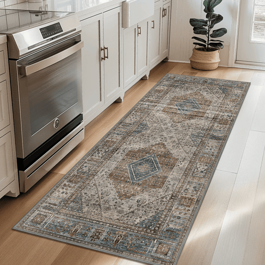 DEORAB Runner Rug 2X10 Non Slip Hallway Vintage Rugs, Machine Washable Lightweight Mat for Living Room, Entryway, Bedroom, Kitchen and Passage, Ultra-Thin, Blue Gray