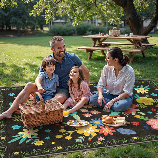 DEORAB 2'x 3' Outdoor Rug Chenille 3-Layers Patio Washable Mat Imitation Silicone Material Camping Garden RV Carpet,BLACK