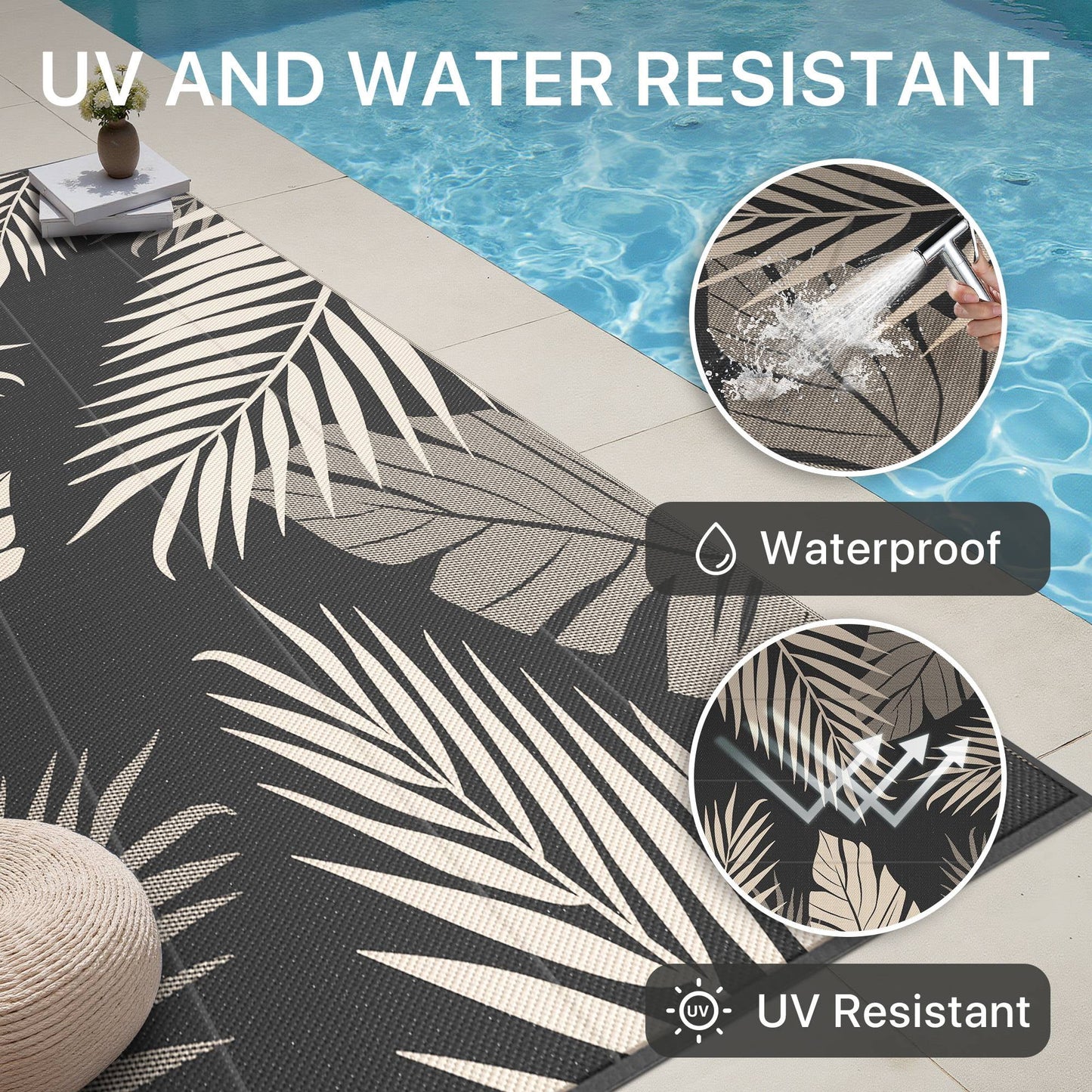 deorab outdoor rugs patio lightweight waterproof mat plastic rv camper outside carpet,black&beige,6'x9'