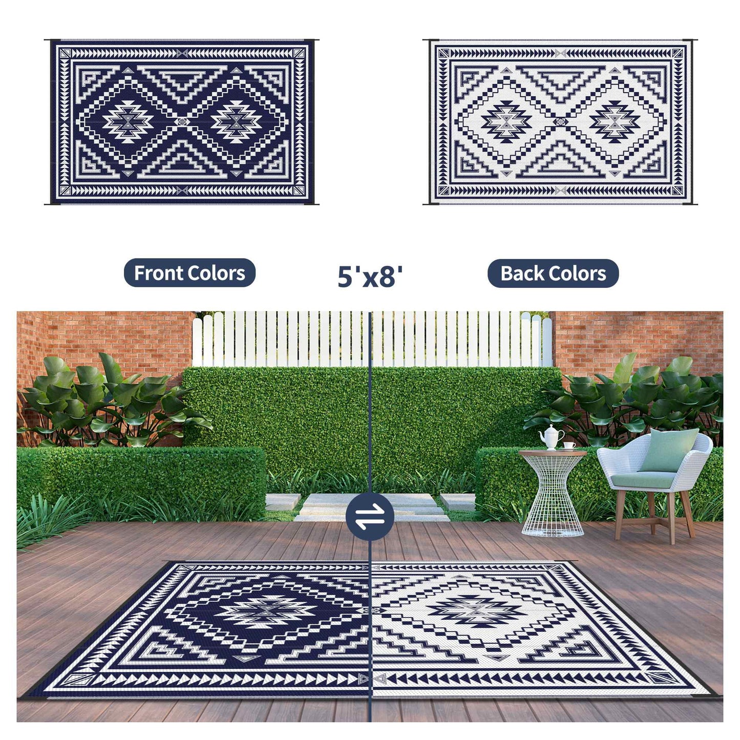 deorab outdoor rug for patio 5'x8' waterproof mat reversible plastic camping blue & white