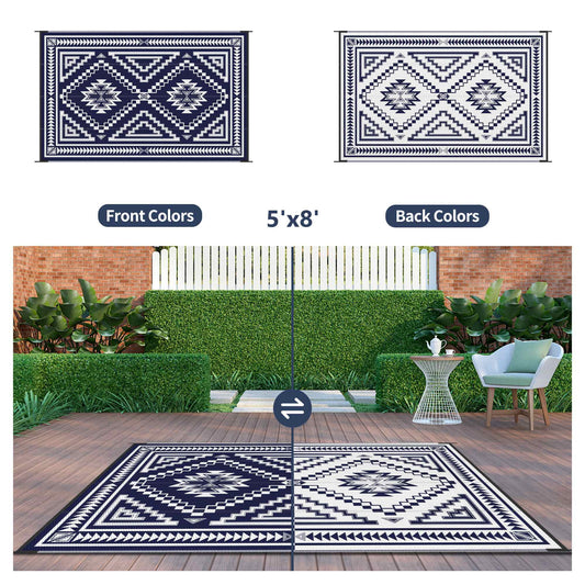 DEORAB Outdoor Rug for Patio 5'x8' Waterproof Mat Reversible Plastic Camping Blue & White