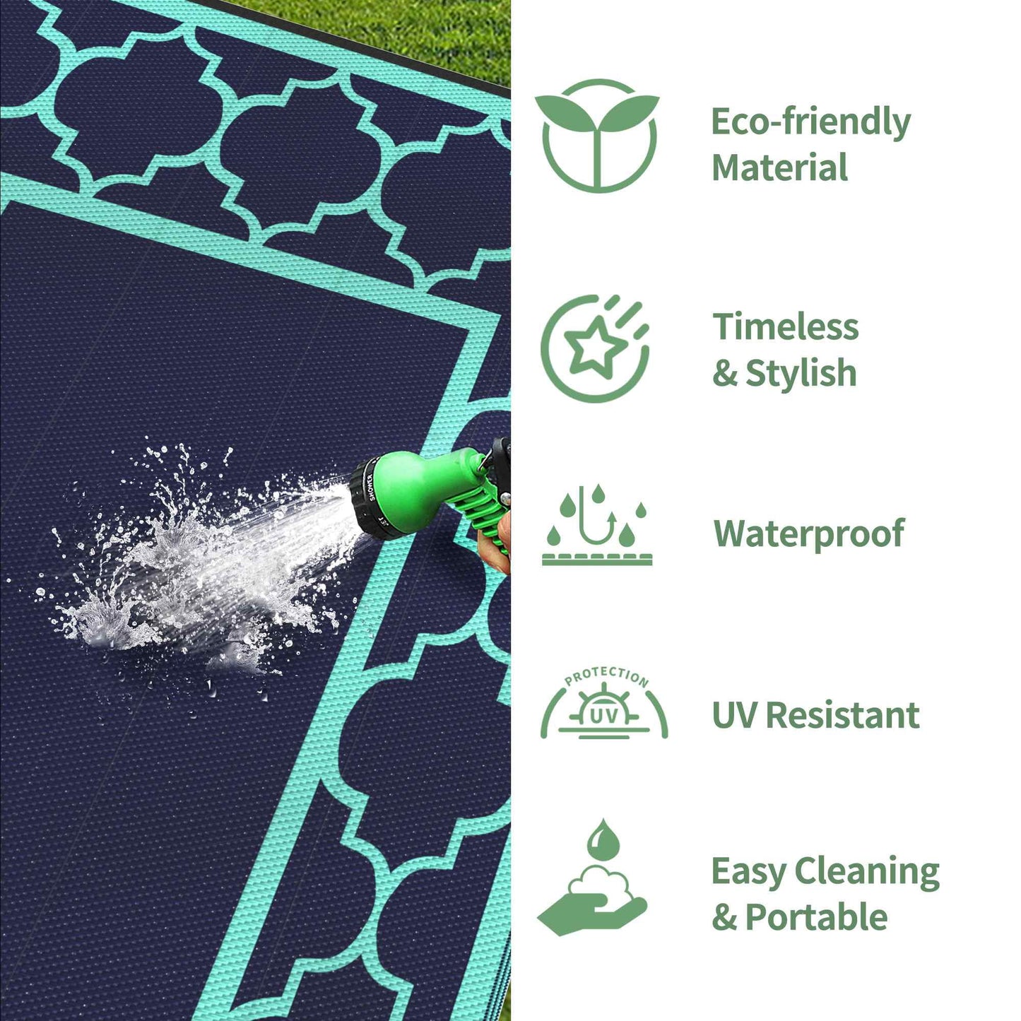 deorab outdoor rugs waterproof plastic straw mat 6'x9' reversible for rv patio deck beach navy blue & jade green