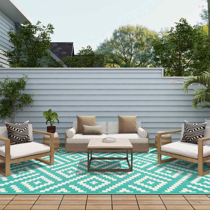 DEORAB Outdoor Rug Patio Clearance,9'x12' Waterproof Mat,Reversible Plastic Camping,lake green & beige white