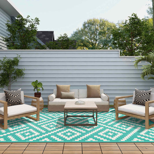 DEORAB Outdoor Rug Patio Clearance,9'x12' Waterproof Mat,Reversible Plastic Camping,lake green & beige white