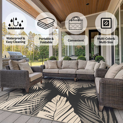 DEORAB Outdoor Rugs Patio Lightweight Waterproof Mat Plastic Rv Camper Outside Carpet,Black&Beige,10'x14'