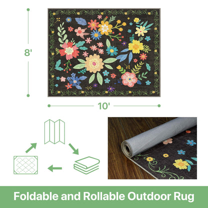 DEORAB 8'x 10' Outdoor Rug Chenille 3-Layers Patio Washable Mat Imitation Silicone Material Camping Garden RV Carpet,BLACK