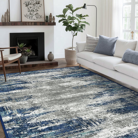 DEORAB 5X7 Area Rugs for Living Room, Large Modern Machine Washable Vintage Rugs Distressed Abstract Print Blue Throw Rug for Bedroom Aesthetic, Non Slip Ultra-thin Carpet with Gripper