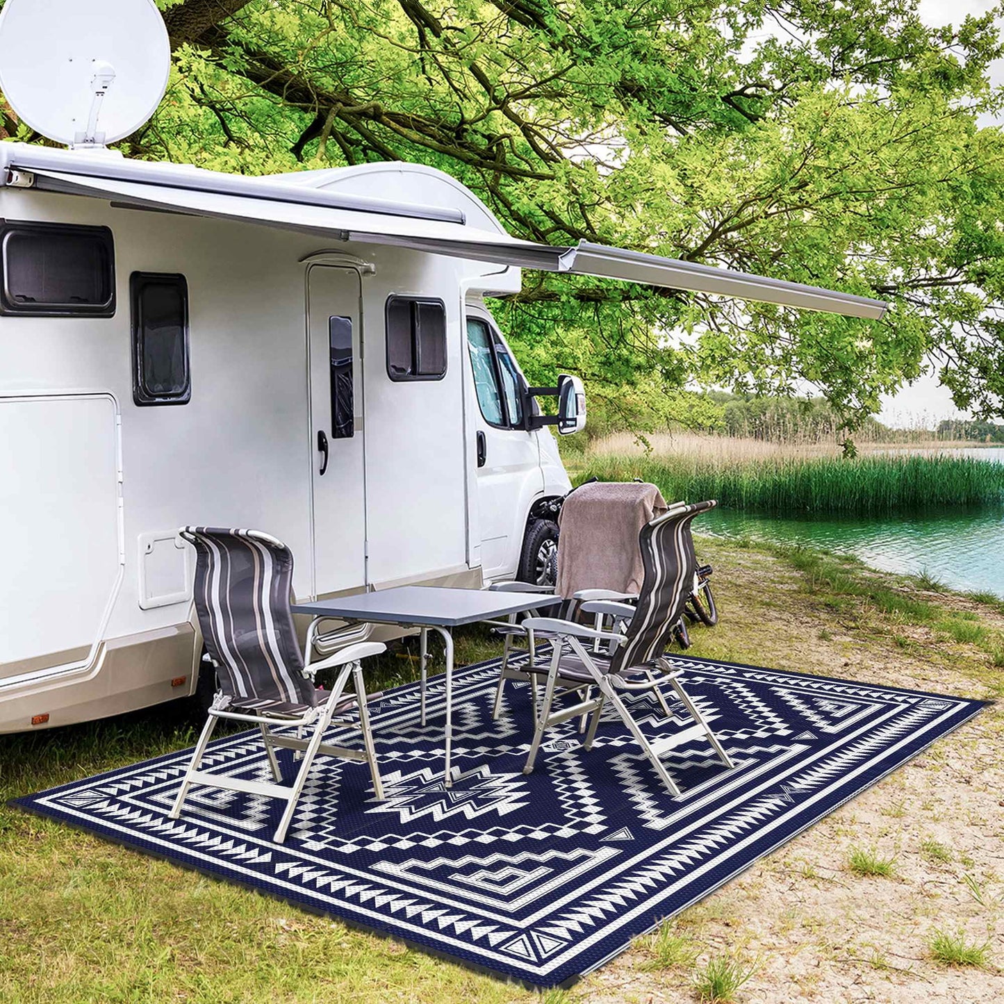 deorab outdoor rug for patio 5'x8' waterproof mat reversible plastic camping blue & white