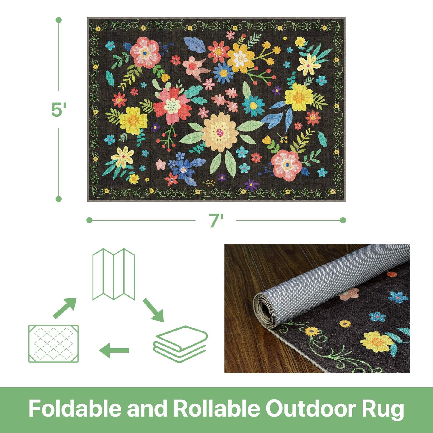 deorab 5'x 7' outdoor rug chenille 3-layers patio washable mat imitation silicone material camping garden rv carpet,black