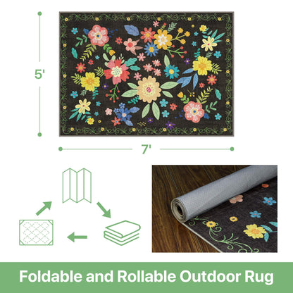 DEORAB 5'x 7' Outdoor Rug Chenille 3-Layers Patio Washable Mat Imitation Silicone Material Camping Garden RV Carpet,BLACK