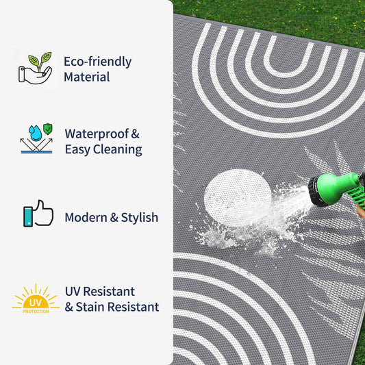 DEORAB Outdoor Rugs Waterproof Plastic Straw Mat 5'x8' Reversible for RV Patio Deck Beach Gray & White