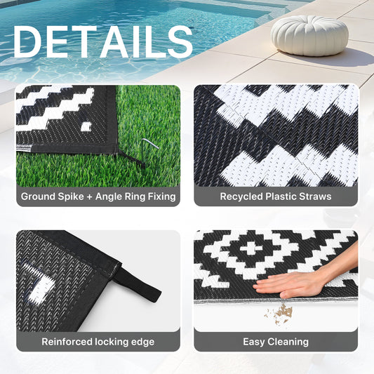DEORAB Outdoor Rugs Waterproof Plastic Straw Mat 6'x9' Reversible for RV Patio Deck Beach Black & White