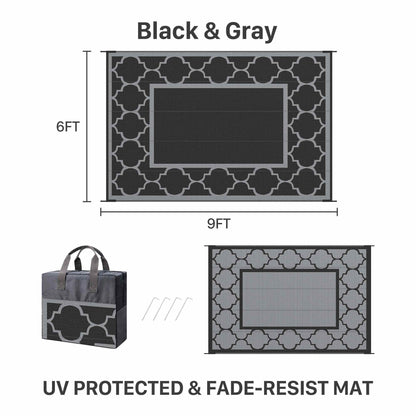 DEORAB Outdoor Rugs Waterproof Plastic Straw Mat 6'x9' Reversible for RV Patio Deck Beach Black & Gray