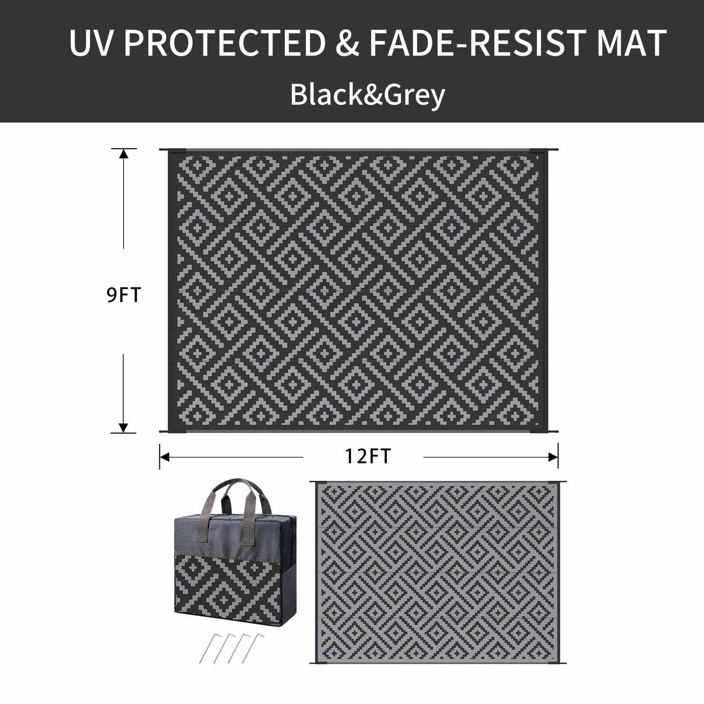 deorab outdoor rugs waterproof plastic straw mat 9'x12' reversible for rv patio deck beach black & gray