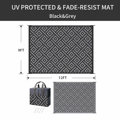DEORAB Outdoor Rugs Waterproof Plastic Straw Mat 9'x12' Reversible for RV Patio Deck Beach Black & Gray