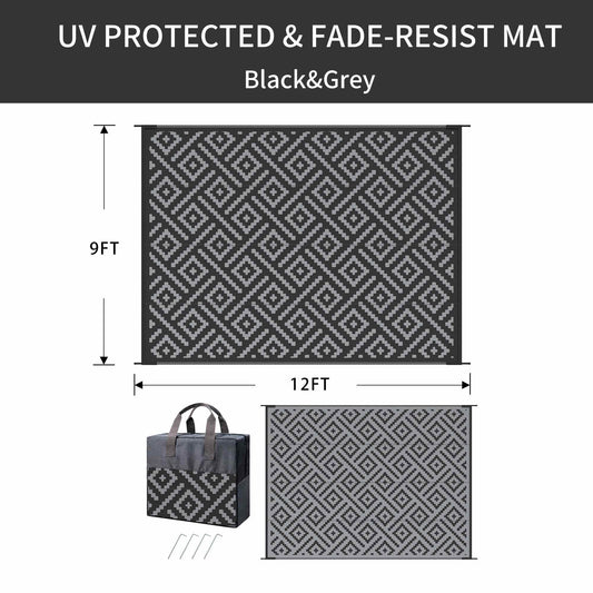 DEORAB Outdoor Rugs Waterproof Plastic Straw Mat 9'x12' Reversible for RV Patio Deck Beach Black & Gray