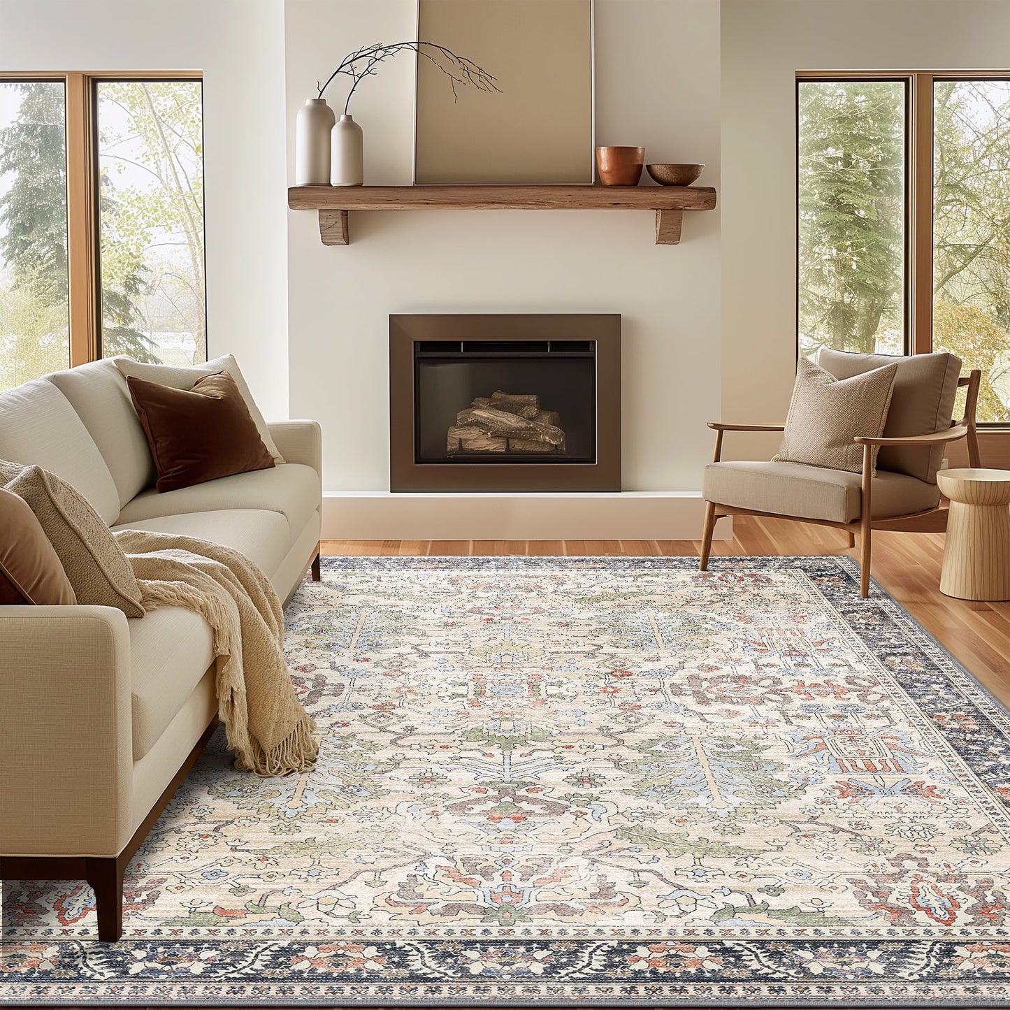 deorab 3x5 area rugs for living room, machine washable bedroom rugs distressed vintage print large throw rug dining room aesthetic, non slip carpet with gripper, ultra-thin