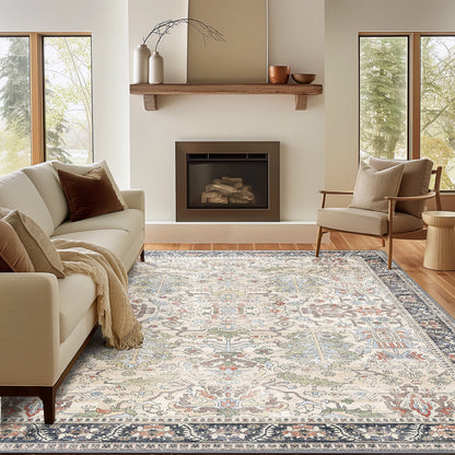 DEORAB 3X5 Area Rugs for Living Room, Machine Washable Bedroom Rugs Distressed Vintage Print Large Throw Rug Dining Room Aesthetic, Non Slip Carpet with Gripper, Ultra-Thin