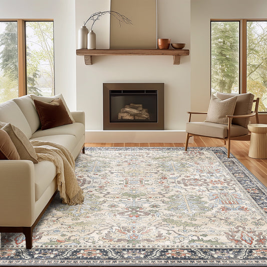 DEORAB 5X7 Area Rugs for Living Room, Machine Washable Bedroom Rugs Distressed Vintage Print Large Throw Rug Dining Room Aesthetic, Non Slip Carpet with Gripper, Ultra-Thin