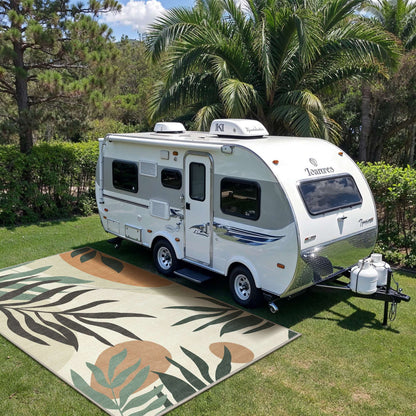 DEORAB Outdoor Rug 4'X6' Chenille Patio Carpet Three-Layer Material Imitation Silicone Spot Molding Camping Outside RV Mat,Beige&Green