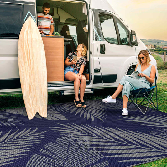DEORAB 9'x12' Outdoor Rugs Patio Waterproof Outside Mat Reversible Plastic Camping Carpet,Blue & Grey