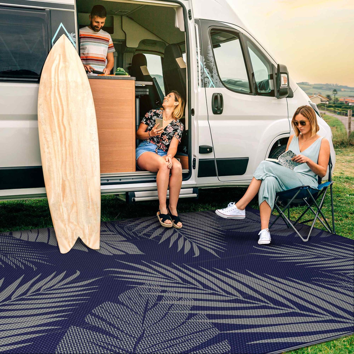 deorab 5'x8' outdoor rugs patio waterproof outside mat reversible plastic camping carpet,blue & grey