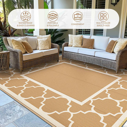 DEORAB Outdoor Rugs Waterproof Plastic Straw Mat 8'x10' Reversible for RV Patio Deck Beach Brown & Beige