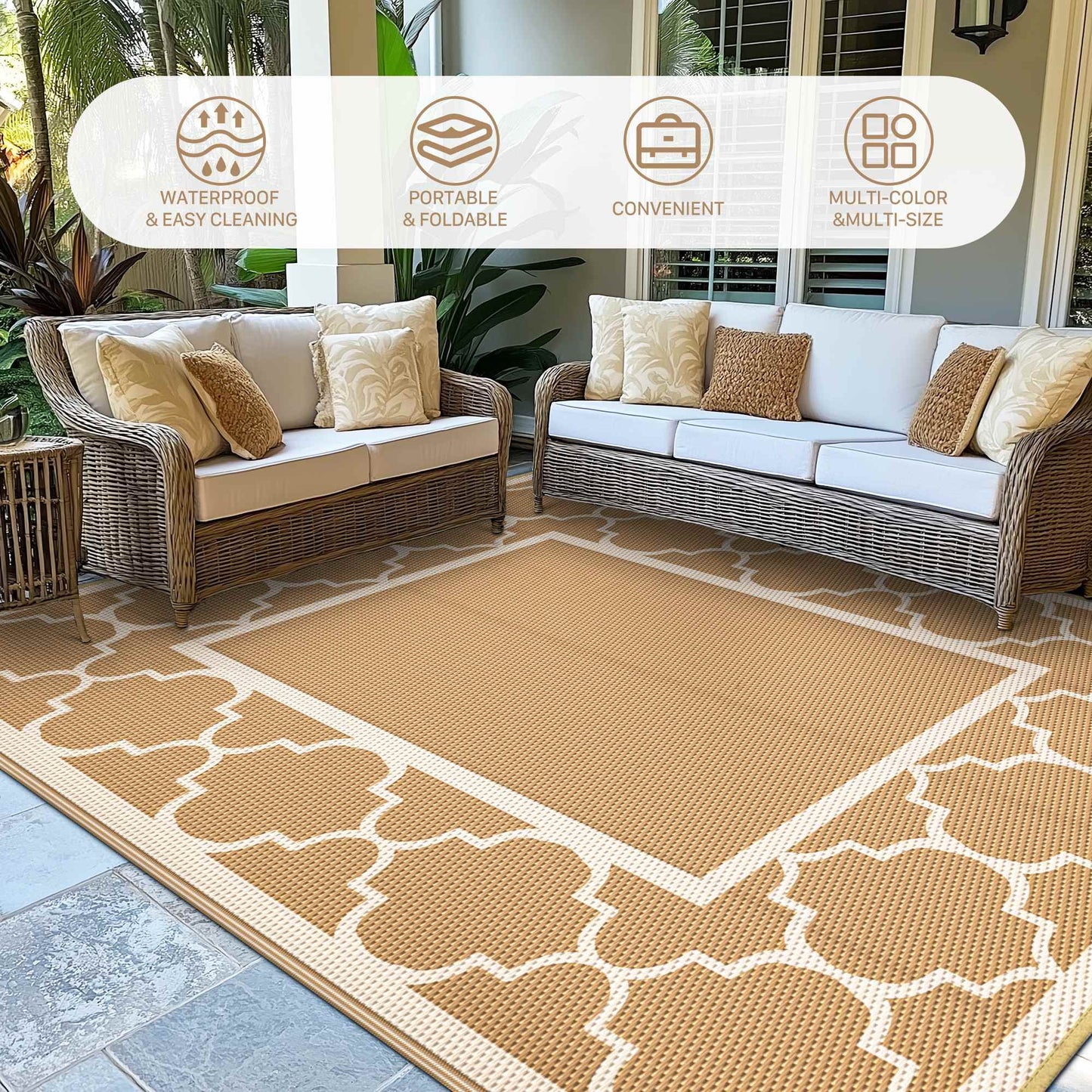 deorab outdoor rugs waterproof plastic straw mat 6'x9' reversible for rv patio deck beach brown & beige