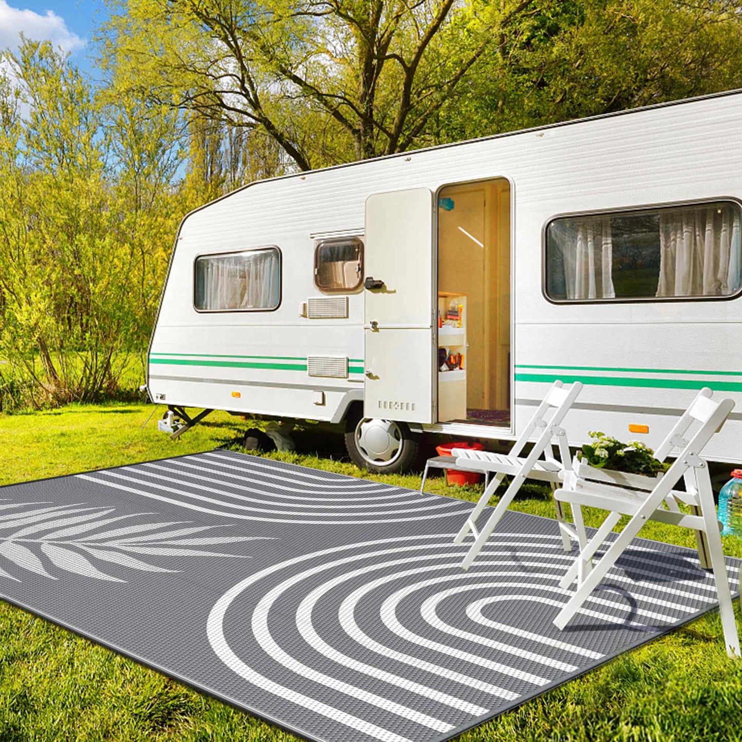 deorab outdoor rugs waterproof plastic straw mat 5'x8' reversible for rv patio deck beach gray & white