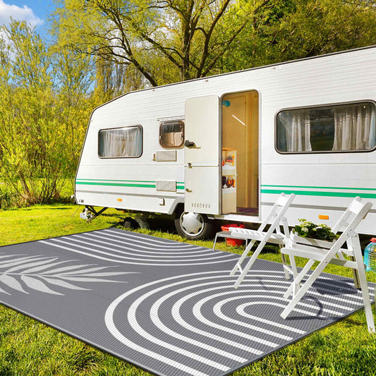DEORAB Outdoor Rugs Waterproof Plastic Straw Mat 5'x8' Reversible for RV Patio Deck Beach Gray & White