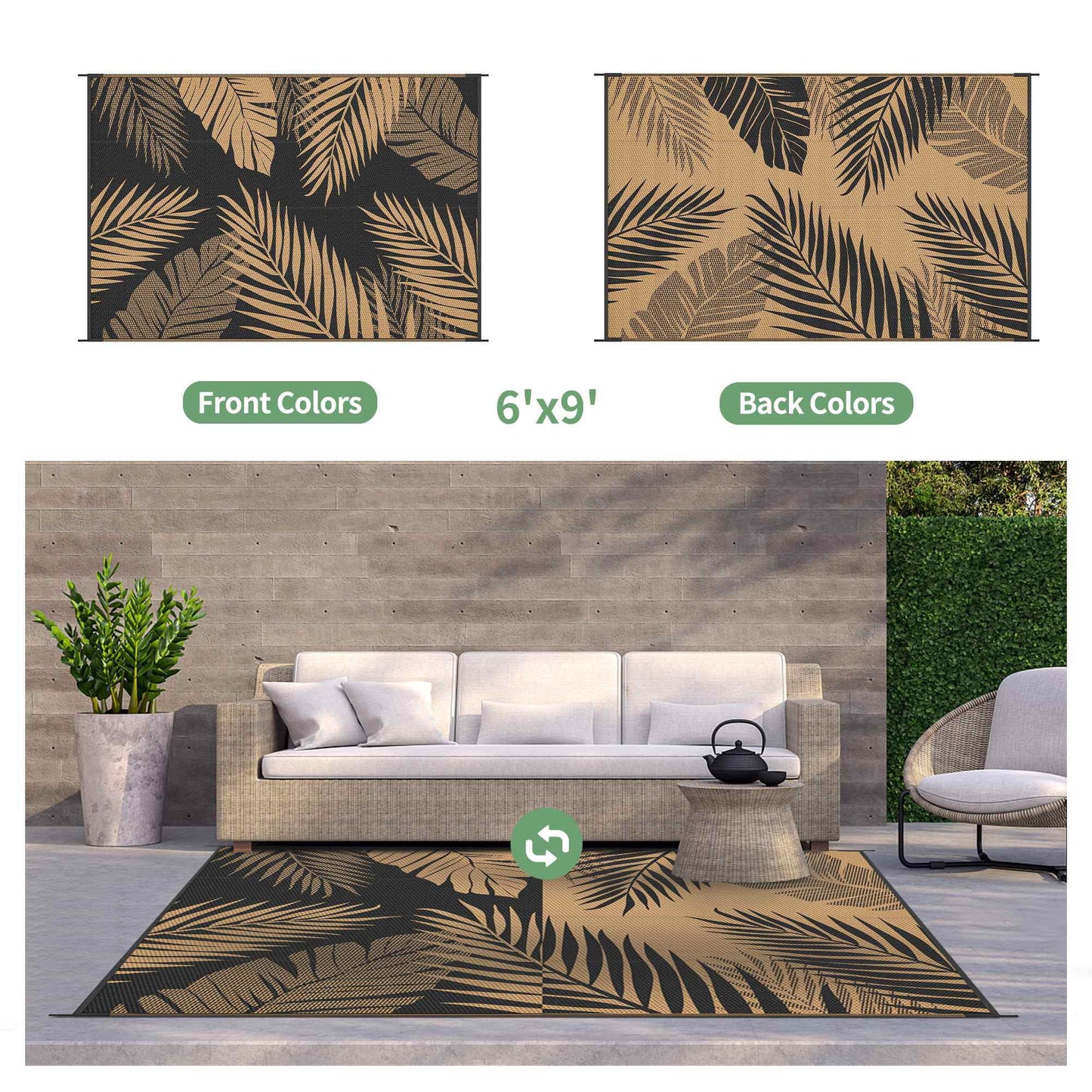 deorab 6'x9' outdoor rugs patio waterproof outside mat reversible plastic camping carpet,black & brown