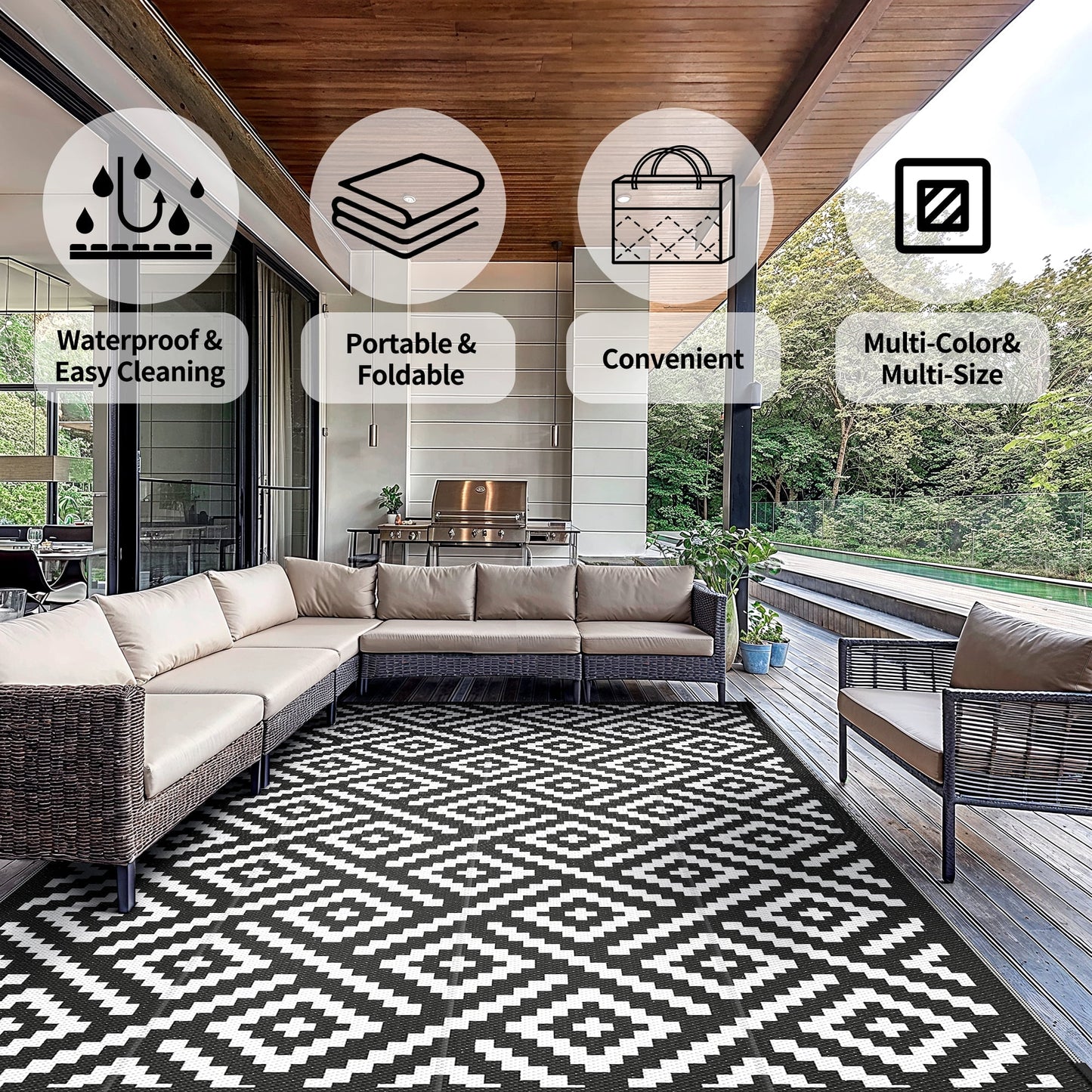 deorab outdoor rugs waterproof plastic straw mat 9'x12' reversible for rv patio deck beach black & white