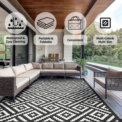 DEORAB Outdoor Rugs Waterproof Plastic Straw Mat 6'x9' Reversible for RV Patio Deck Beach Black & White